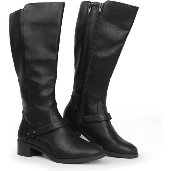 Hawkwell Women's Black Wide Calf Knee High Double Zipper Synthetic Riding Boots - Picture 1 of 6
